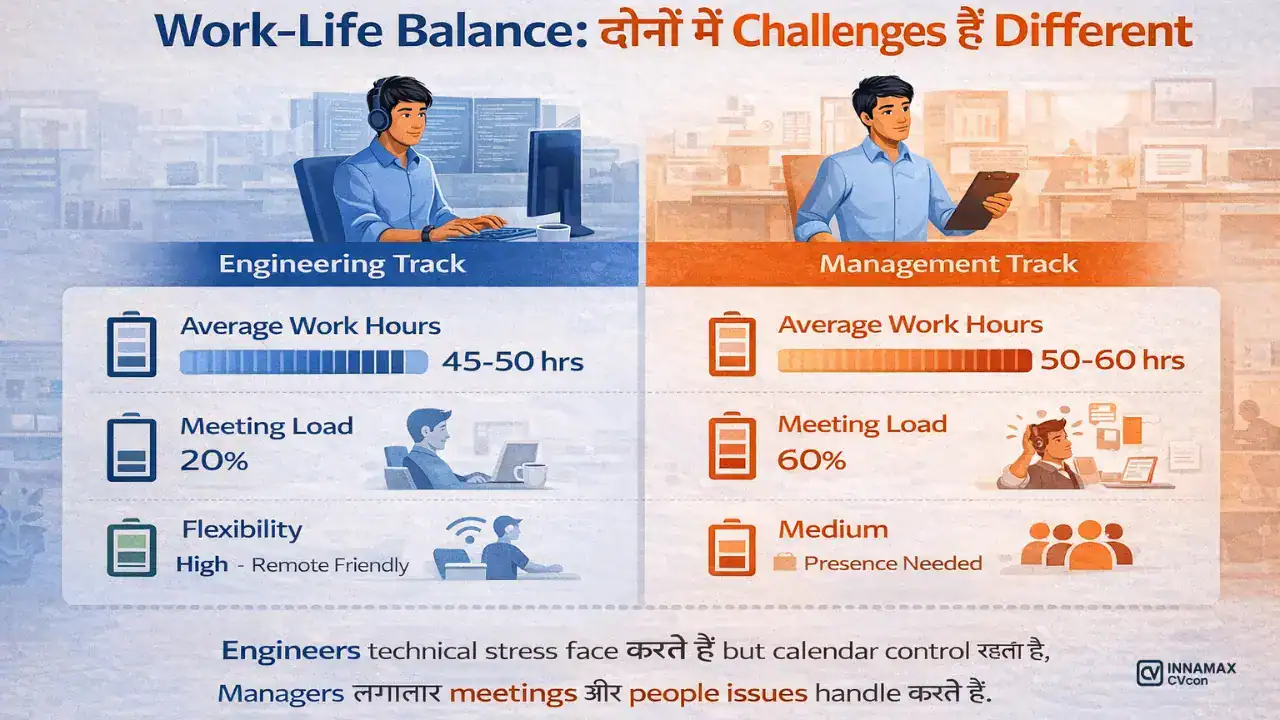 “Data visualization showing average work hours, stress levels, and job satisfaction scores for engineers versus managers in Indian tech companies”