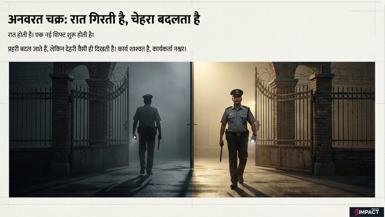 रात और दिन में गेट से गुजरता निजी सुरक्षा गार्ड, समय के बदलाव का प्रतीक