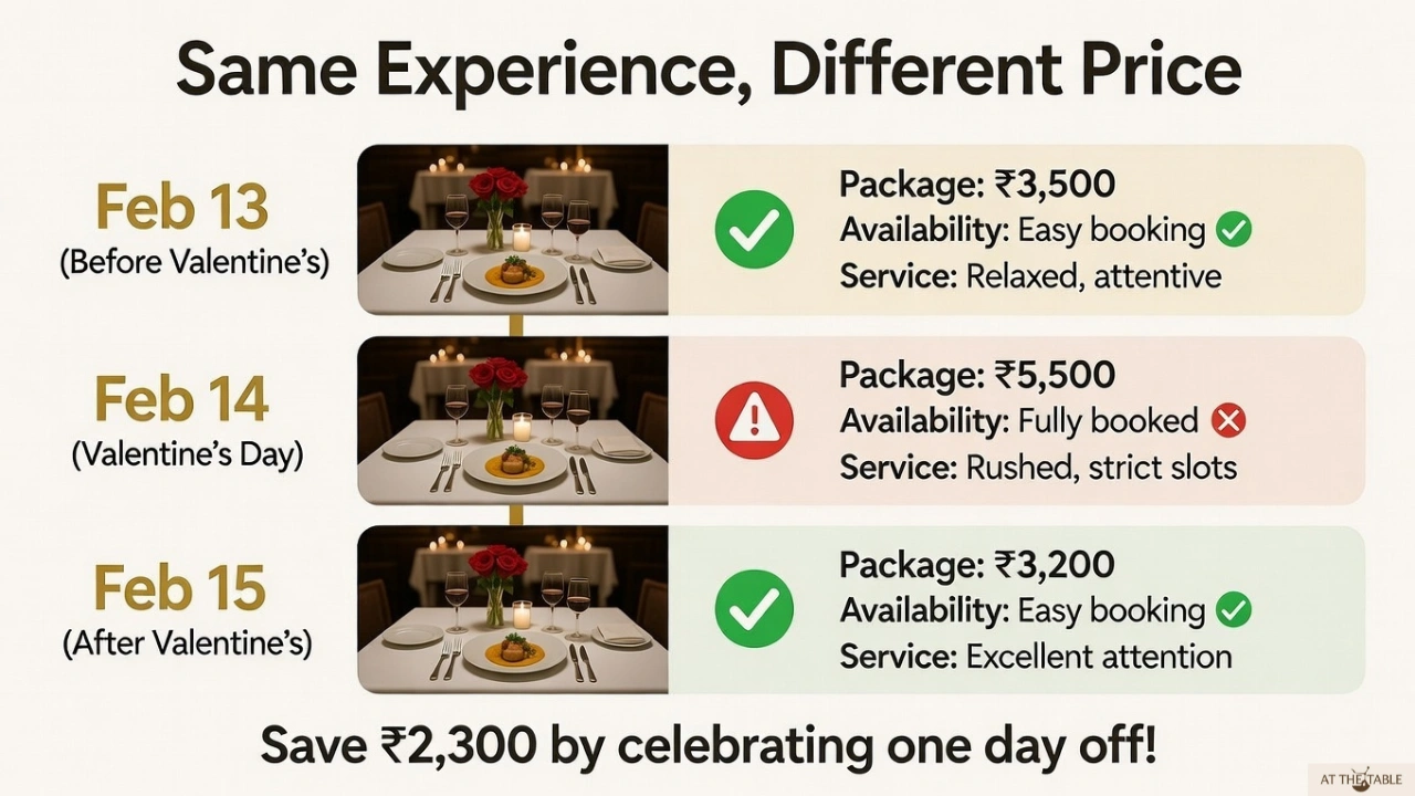 Comparison showing dinner prices on February 13, 14 and 15 with cost differences