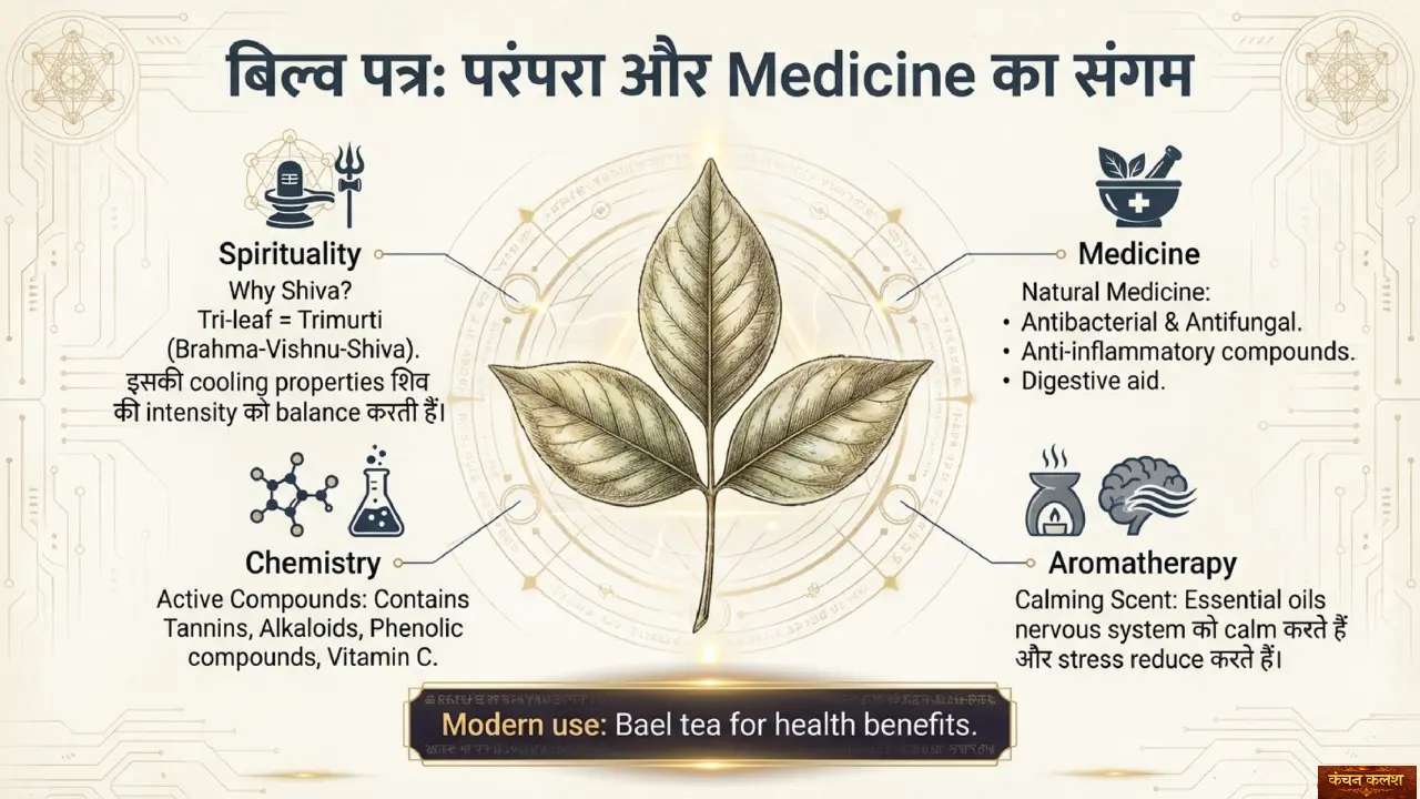 Bael leaf medicinal and spiritual significance infographic used in Shiva worship