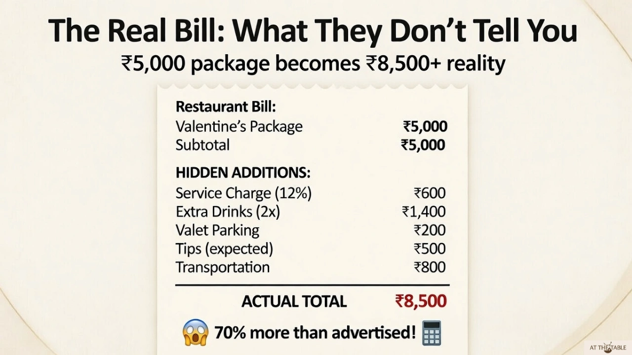 Receipt showing hidden charges increasing a ₹5,000 Valentine’s package to ₹8,500 total