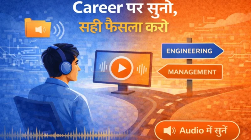 Audio waveform visualization with headphones icon and text "Engineering vs Management किसमें Future" in Hinglish, podcast episode artwork for InnaMax Voice career guidance series