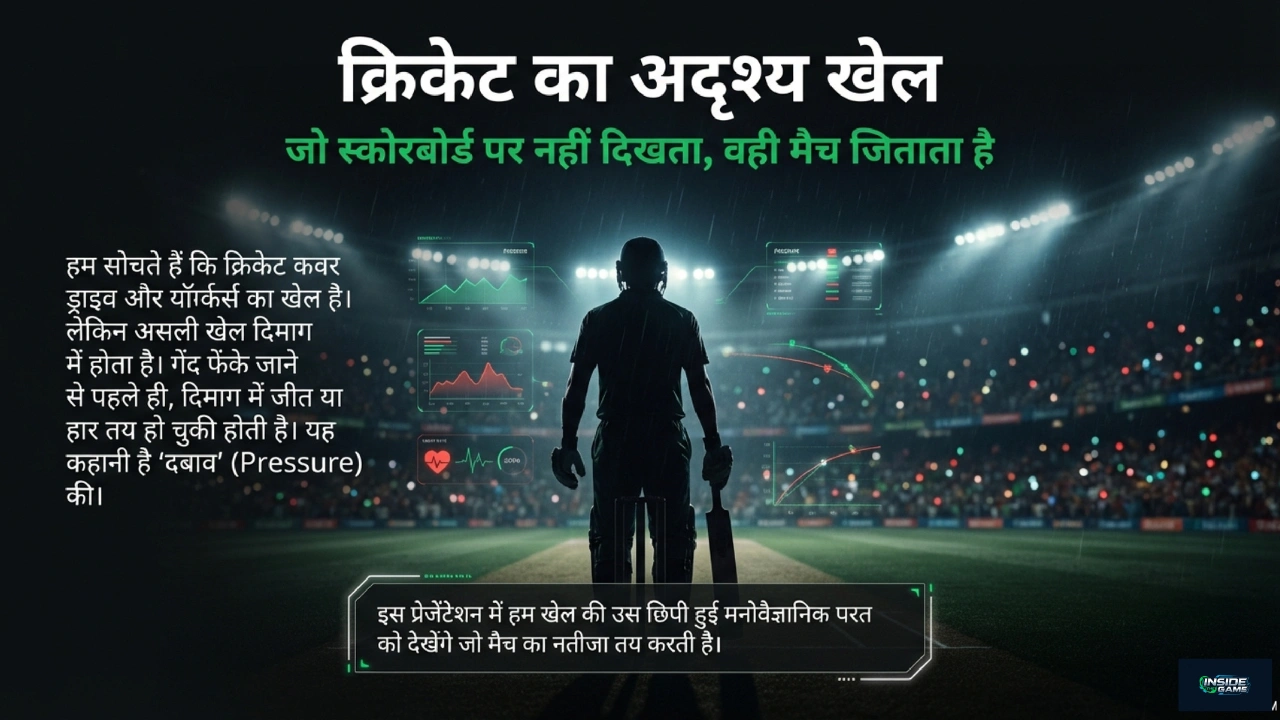 Silhouette of a cricketer standing in a stadium representing the invisible psychological battle behind cricket performance.