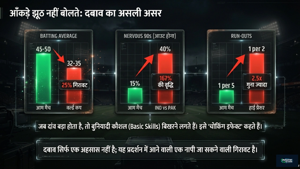Infographic showing batting average drop, nervous nineties increase, and run-out frequency rise under match pressure.