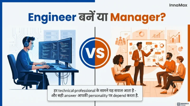 Illustration comparing engineering technical career path and management leadership career path showing a coder working at a computer versus a manager leading a team discussion