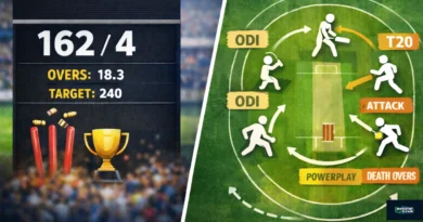 क्रिकेट मैच का स्कोरबोर्ड और साथ में रणनीति का विज़ुअल डायग्राम, जिसमें ODI, T20, Powerplay और Death Overs के चरण दिखाए गए हैं