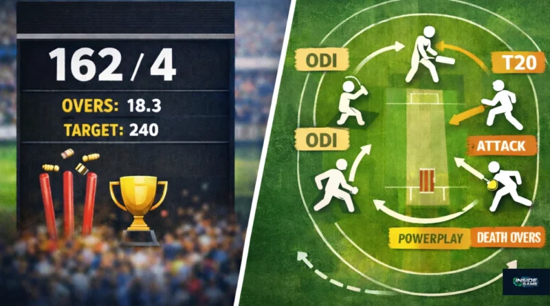 क्रिकेट मैच का स्कोरबोर्ड और साथ में रणनीति का विज़ुअल डायग्राम, जिसमें ODI, T20, Powerplay और Death Overs के चरण दिखाए गए हैं