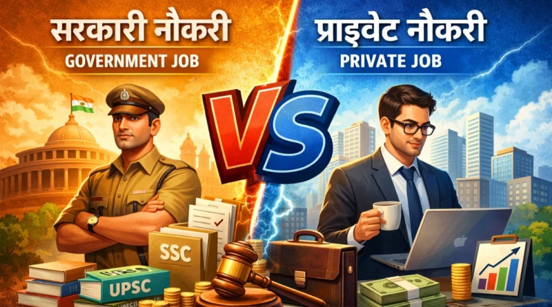 Government job vs private job comparison India career choice illustration