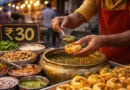 Indian street food vendor preparing golgappa at roadside stall with ₹30 price board in background