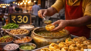 Indian street food vendor preparing golgappa at roadside stall with ₹30 price board in background