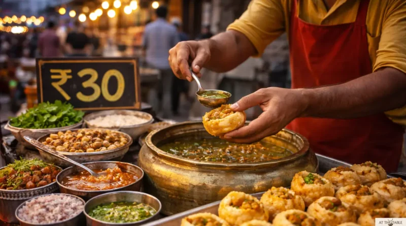 Indian street food vendor preparing golgappa at roadside stall with ₹30 price board in background