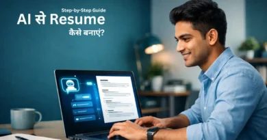 Young Indian professional creating resume using AI on laptop in modern workspace