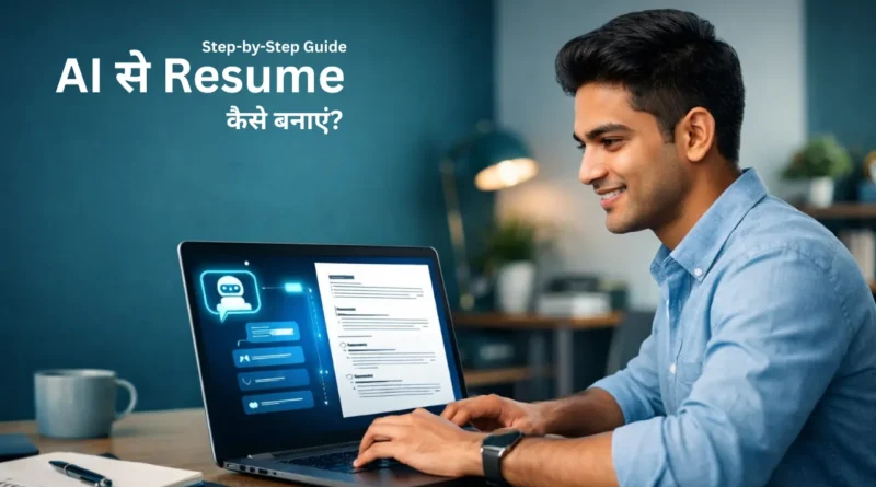Young Indian professional creating resume using AI on laptop in modern workspace