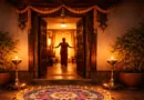 Traditional Indian home entrance decorated with rangoli and diyas, warm golden lighting, welcoming silhouette inside doorway