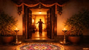 Traditional Indian home entrance decorated with rangoli and diyas, warm golden lighting, welcoming silhouette inside doorway