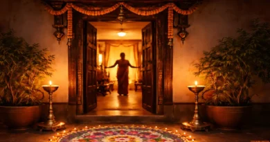 Traditional Indian home entrance decorated with rangoli and diyas, warm golden lighting, welcoming silhouette inside doorway