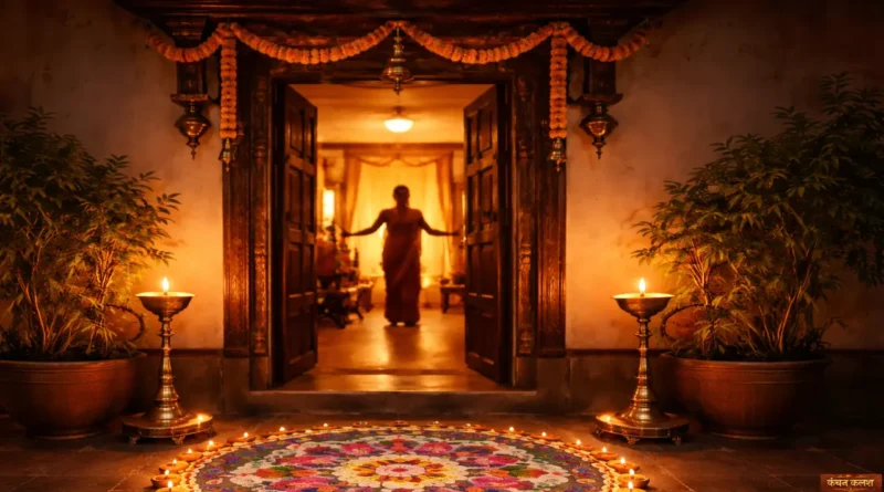 Traditional Indian home entrance decorated with rangoli and diyas, warm golden lighting, welcoming silhouette inside doorway