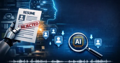 AI Resume Screening: जब रिज़्यूमे सही हो, फिर भी कॉल नहीं आता अंधेरे में लैपटॉप स्क्रीन और इंसानी परछाईं, नौकरी आवेदन के बाद की खामोशी और अदृश्यता का प्रतीक
