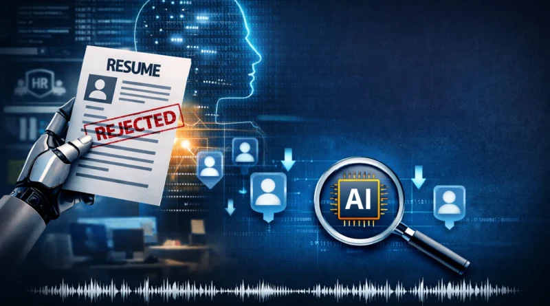 अंधेरे में लैपटॉप स्क्रीन और इंसानी परछाईं, नौकरी आवेदन के बाद की खामोशी और अदृश्यता का प्रतीक