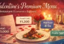 Elegant Valentine's Day restaurant table setting with premium menu, candles, roses, and price breakdown overlay showing restaurant markup economics for Indian fine dining