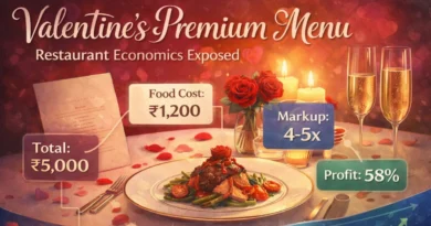 Elegant Valentine's Day restaurant table setting with premium menu, candles, roses, and price breakdown overlay showing restaurant markup economics for Indian fine dining