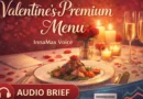 Valentine's Day restaurant economics audio podcast artwork with elegant dining table, headphones icon, audio waveform, and price breakdown for At The Table InnaMax Voice series
