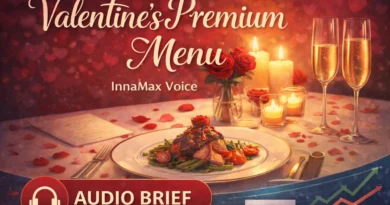 Valentine's Day restaurant economics audio podcast artwork with elegant dining table, headphones icon, audio waveform, and price breakdown for At The Table InnaMax Voice series