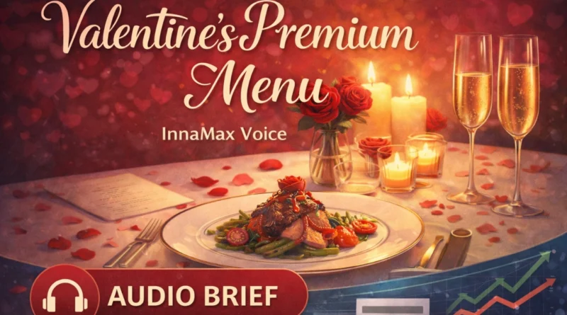 Valentine's Day restaurant economics audio podcast artwork with elegant dining table, headphones icon, audio waveform, and price breakdown for At The Table InnaMax Voice series