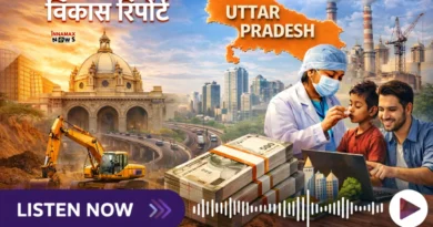 InnaMax Voice weekly news audio podcast artwork with microphone icon, audio waveform, and UP news highlights for February 8-15, 2026, featuring budget and development updates