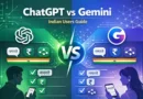ChatGPT and Google Gemini logos side by side with VS symbol in center, comparison visualization showing features and pricing for Indian users, modern tech illustration with Indian flag colors accent