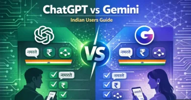 ChatGPT and Google Gemini logos side by side with VS symbol in center, comparison visualization showing features and pricing for Indian users, modern tech illustration with Indian flag colors accent