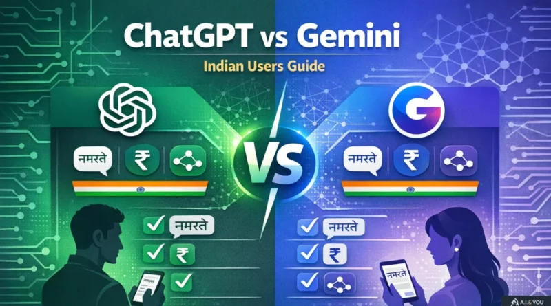 ChatGPT and Google Gemini logos side by side with VS symbol in center, comparison visualization showing features and pricing for Indian users, modern tech illustration with Indian flag colors accent