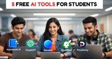 Indian college students using laptops with AI study tools NotebookLM ChatGPT Gemini QuillBot Perplexity