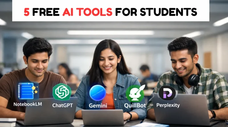 Indian college students using laptops with AI study tools NotebookLM ChatGPT Gemini QuillBot Perplexity