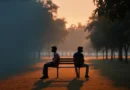 Two young friends sitting back-to-back on a bench in a quiet park at sunset, symbolizing emotional distance and silent friendship fade.