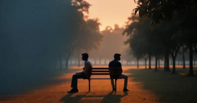 Two young friends sitting back-to-back on a bench in a quiet park at sunset, symbolizing emotional distance and silent friendship fade.