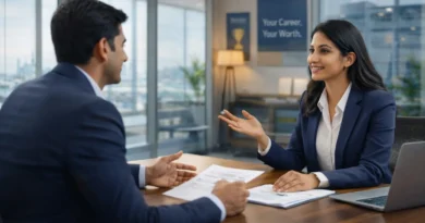 Indian professionals discussing salary negotiation in office with salary negotiation framework infographic 2026