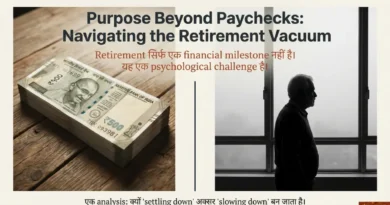 Age नहीं, Purpose: Retirement के बाद Accelerated Ageing क्यों दिखता है? एक बुज़ुर्ग व्यक्ति शांत वातावरण में अकेले बैठे हुए, सामने समय का संकेत देता हुआ दृश्य, जो retirement के बाद जीवन की गति और उद्देश्य में आए बदलाव को दर्शाता है।