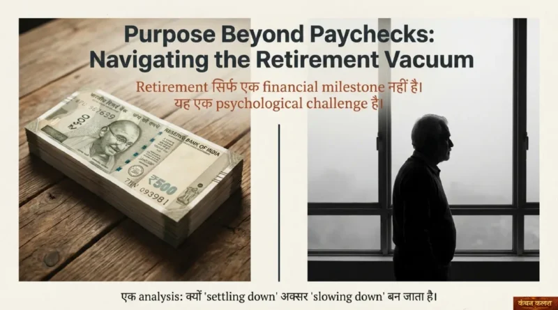 एक बुज़ुर्ग व्यक्ति शांत वातावरण में अकेले बैठे हुए, सामने समय का संकेत देता हुआ दृश्य, जो retirement के बाद जीवन की गति और उद्देश्य में आए बदलाव को दर्शाता है।