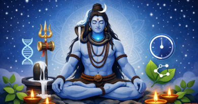 Lord Shiva in meditation with crescent moon and Ganga flow, surrounded by sacred bilva leaves and traditional Shivratri elements, artistic illustration blending traditional Indian art style with modern aesthetic showing fasting and spiritual practice
