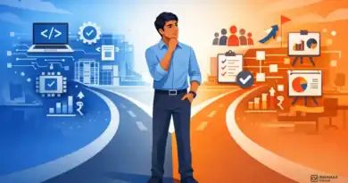 “Young Indian professional at career crossroads choosing between engineering technical path with code symbols and management leadership path with team icons, modern illustration with blue and orange accents”