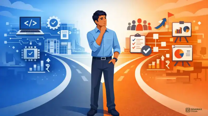“Young Indian professional at career crossroads choosing between engineering technical path with code symbols and management leadership path with team icons, modern illustration with blue and orange accents”