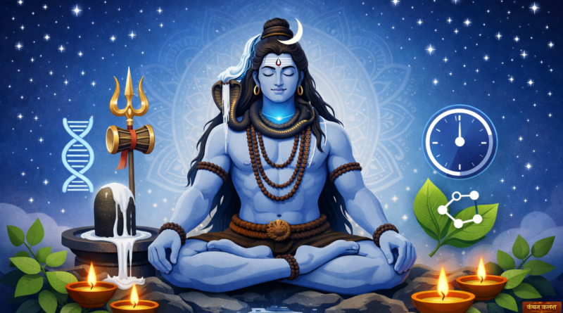Lord Shiva in meditation with crescent moon and Ganga flow, surrounded by sacred bilva leaves and traditional Shivratri elements, artistic illustration blending traditional Indian art style with modern aesthetic showing fasting and spiritual practice