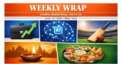 InnaMax Weekly Wrap Feb 11–18 magazine-style 16:9 cover featuring career growth briefcase, AI brain technology graphic, cricket bat and ball in stadium, Indian diya with temple silhouette, and Indian street food thali with headlines on jobs, AI, and India vs Pakistan preview.