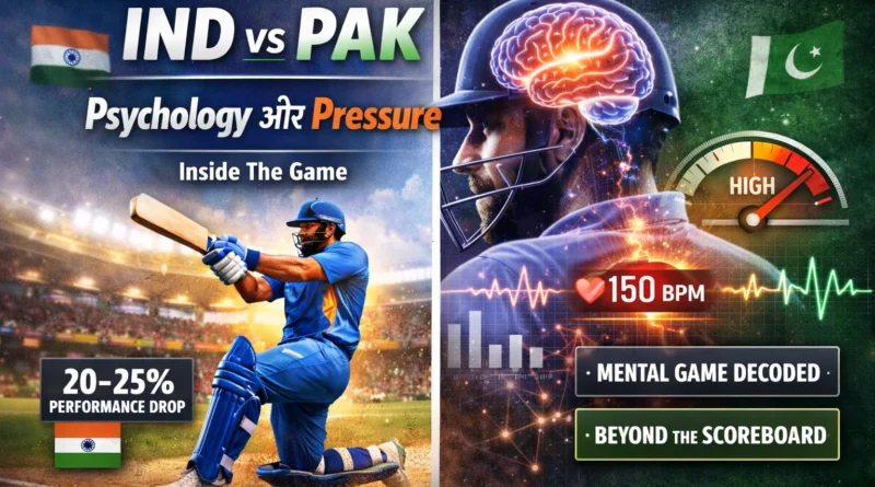 India Pakistan cricket match tactical analysis showing player under pressure with psychology and mental game strategy overlay, Inside The Game series sports analysis illustration