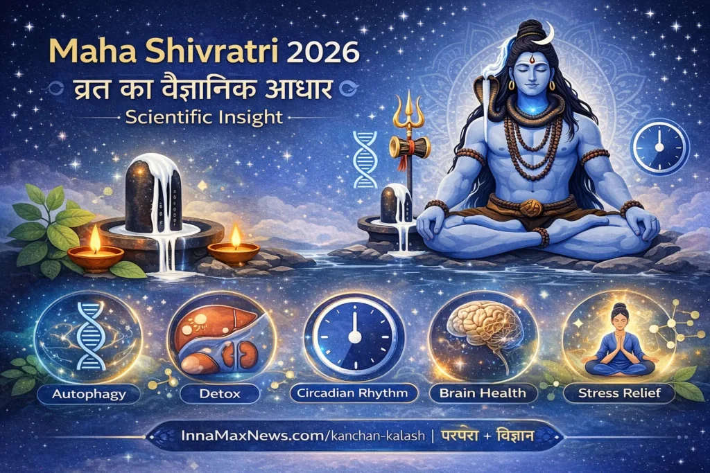 Maha Shivratri audio podcast artwork with Shiva meditation imagery, audio waveform, and Om Namah Shivaya text, InnaMax Innamax_voice Kanchan Kalash series design
