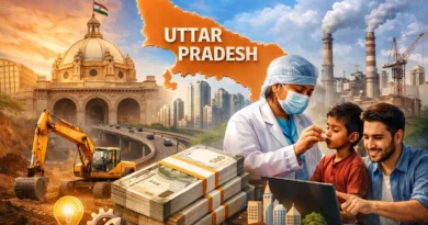 News Capsule February 8-15, 2026 featuring Uttar Pradesh budget announcement and development news highlights with ₹9 lakh crore allocation graphic