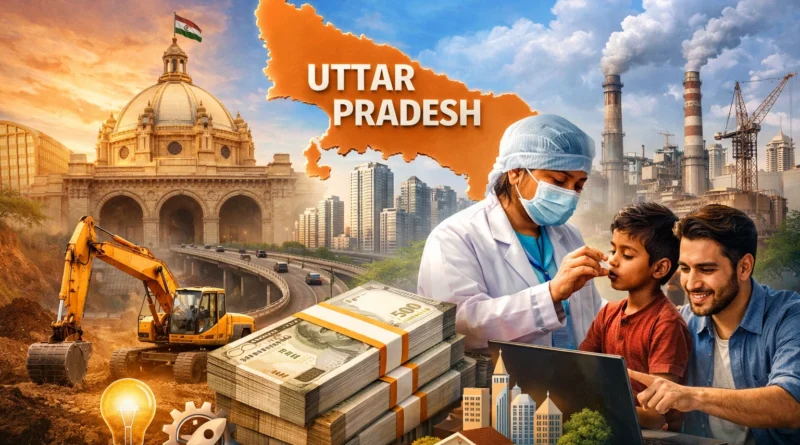 News Capsule February 8-15, 2026 featuring Uttar Pradesh budget announcement and development news highlights with ₹9 lakh crore allocation graphic
