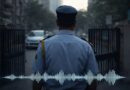 Audio waveform visual over an early-morning urban gate, representing the unheard voice of a private security guard.