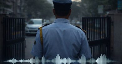 Society Guard: बिना अधिकार वाली मौजूदगी Audio waveform visual over an early-morning urban gate, representing the unheard voice of a private security guard.